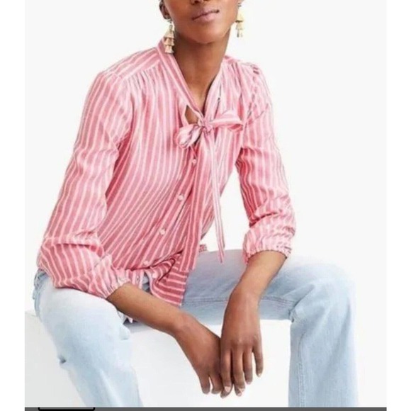 J. Crew Tops - J CREW Red Striped Long Sleeve Bow Blouse Top Small S